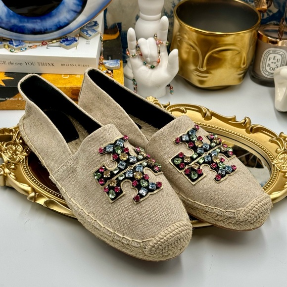 🆕 TORY BURCH 🧿 NWOT Ines Linen & Leather Bejewelled Espadrilles - Size 9 - Picture 11 of 16